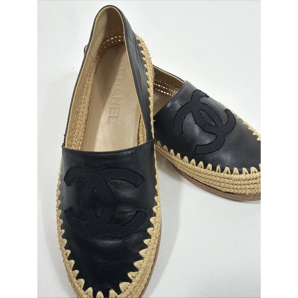 Chanel Black Leather CC Raffia Espadrille Flats Size EU 36 US‎ 6